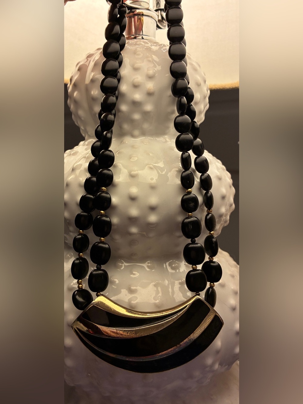 Vintage Trifari Double Strand Black Beaded Necklace Art Deco Enamel Center